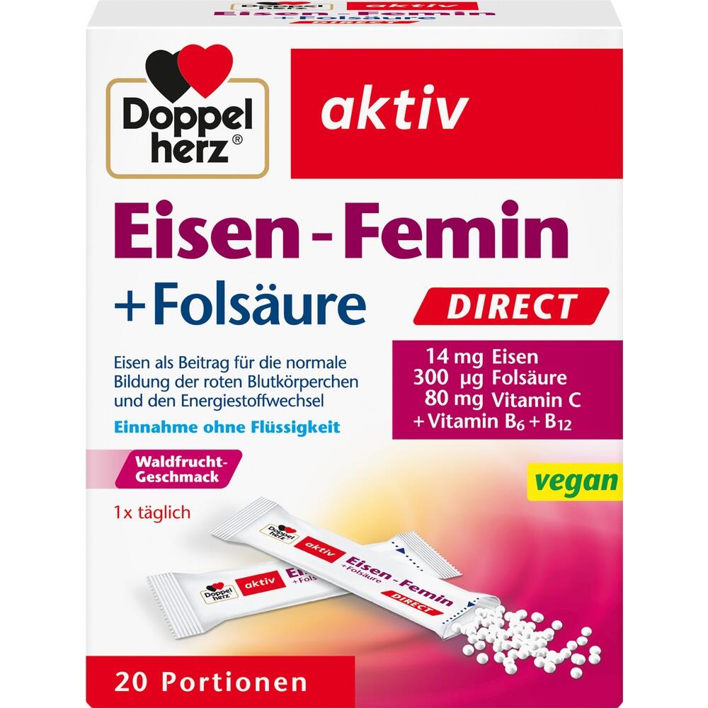 Packung eines Nahrungsergänzungsmittels mit Eisen, Folsäure und Vitaminen.