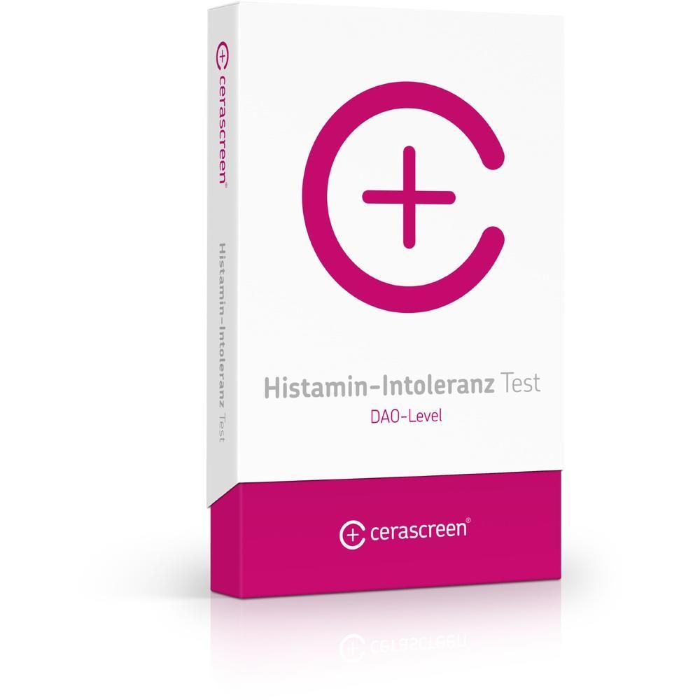 Weiße Schachtel mit rotem Pluszeichen, Aufschrift: Histamin-Intoleranz Test.