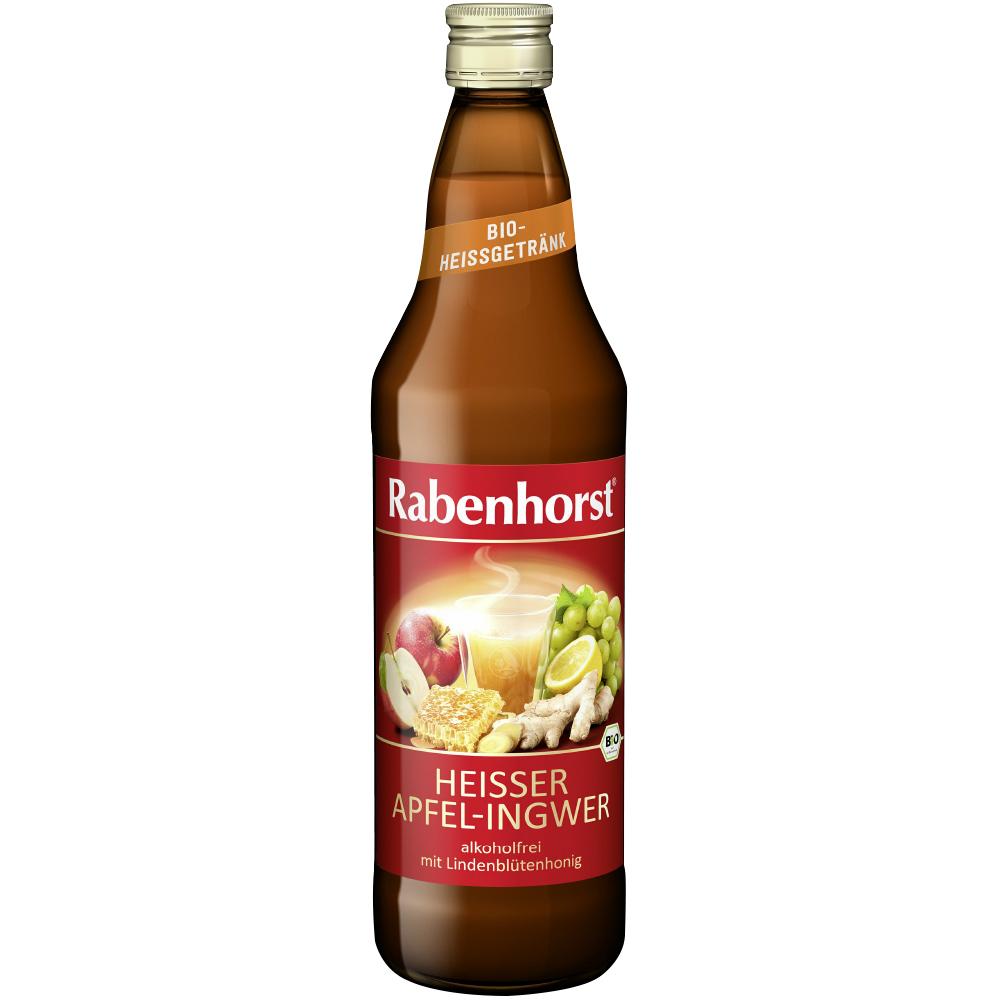Braune Flasche mit Apfel-Ingwer-Getränk von Rabenhorst, alkoholfrei.