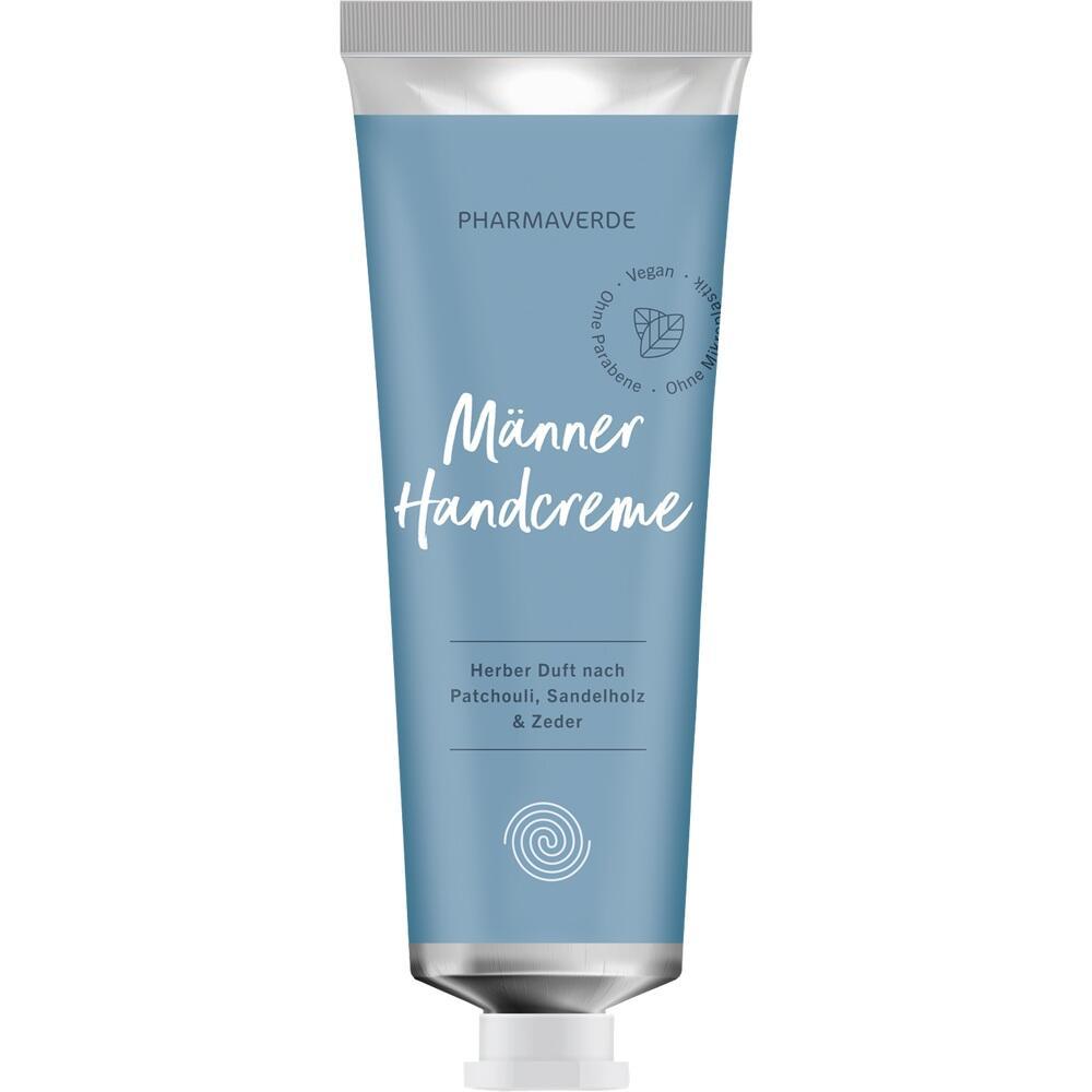 Blaue Tube mit Aufschrift "Männer Handcreme" und Duftbeschreibung.